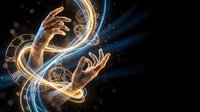 Two hands emerging from glowing golden and blue energy waves with mystical light trails on dark background. Concept for magic, spirituality, power.