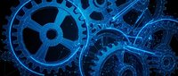 Glowing blue mechanical gears and cogs with digital network connections on dark background for technology and engineering concepts.
