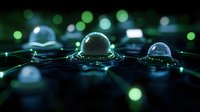 Glowing water drops on dark surface with green bokeh lights creating magical atmosphere. Macro photography reveals intricate details of liquid spheres and reflections.