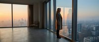 Woman in business attire standing in modern high-rise apartment overlooking city skyline at sunset, empty interior space with floor-to-ceiling windows and urban views.