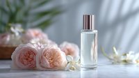Elegant glass perfume bottle with silver cap surrounded by delicate peach roses and white flowers on soft white surface.