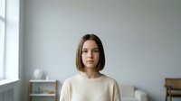 Young woman with shoulder-length brown hair and fair complexion wearing a beige crew neck shirt, standing indoors against a neutral gray wall with natural window light, suitable for portrait and lifestyle content.