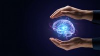 Human hands protecting glowing blue brain hologram on dark background representing mental health care, neuroscience research and cognitive protection concepts.
