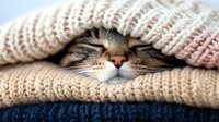 Tabby cat sleeping peacefully between folded knitted sweaters, showing only nose and closed eyes for cozy winter lifestyle concept.