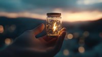 Magical glowing firefly in glass jar held against sunset sky with bokeh lights, creating dreamy atmospheric scene at dusk. Perfect for fantasy concepts.