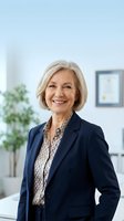 Mature woman with short blonde hair wearing navy blazer and patterned blouse, smiling in modern office setting with plant and framed artwork behind her.