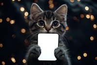 Cute tabby kitten holding blank white smartphone screen against dark background with golden bokeh lights, mockup for mobile app or social media design.