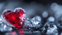 Vibrant red crystal heart surrounded by ice fragments against blurred bokeh background, symbolizing frozen love or emotional coldness.