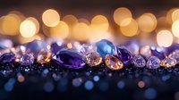 Sparkling purple and pink gemstones arranged in line with golden bokeh lights creating magical atmosphere for luxury jewelry advertising and design backgrounds.
