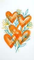 Orange hearts with botanical leaves and flowers in watercolor style, isolated on white background. Suitable for greeting cards, wall art, and design projects.