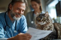 Mature male veterinarian with gray beard examining medical records while Maine Coon cat sits on examination table in modern veterinary clinic office.