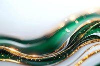 Abstract emerald green and gold waves with glitter sparkles and bokeh effects create luxurious flowing pattern on white background, suitable for festive designs.