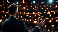 Professional businessman giving presentation or speech to large audience with warm stage lighting and bokeh background for corporate events.