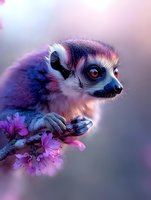 Ring-tailed lemur perched on blooming cherry branch against dreamy purple background, close-up portrait showing distinctive red eyes and facial features in soft lighting.