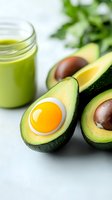 Fresh avocado halves with egg yolk centers and green smoothie jar on white surface for healthy breakfast and nutrition concepts.