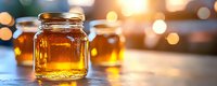 Golden honey jar glowing in warm sunlight with bokeh lights background, natural organic sweetener close up showing transparent amber liquid texture.