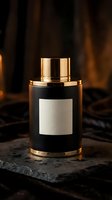 Luxury black perfume bottle with gold cap and blank white label on dark stone surface with warm ambient lighting for premium fragrance branding and cosmetic packaging.