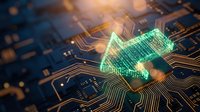 Glowing green digital arrow on circuit board with golden traces and bokeh lights representing data flow, technology advancement and electronic innovation.