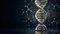 Golden DNA double helix with molecular structure and circuit board patterns on dark blue background for biotechnology and genetic research concepts.