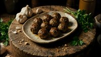 Homemade meatballs served on rustic ceramic plate with fresh herbs and garlic on wooden cutting board for cooking and dining content.
