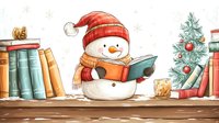Cheerful snowman in red hat and scarf reading book on wooden shelf with vintage books and decorated Christmas tree, cozy winter holiday illustration.