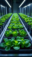 Modern hydroponic lettuce growing in controlled environment facility with LED lighting system for sustainable agriculture and urban farming applications.