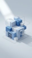 Abstract geometric composition with blue cubes and wireframe spheres on minimalist background for modern digital design and technology concepts.