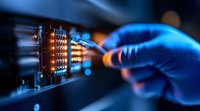 Close-up of technician hand in blue protective glove working with fiber optic cables in modern data center, network equipment with bokeh light effect.