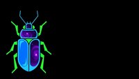 Colorful neon beetle insect with vibrant blue and purple gradient body on black background for modern digital art and graphic design projects.
