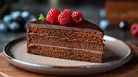 Slice of rich chocolate layer cake with dark ganache frosting topped with fresh raspberries, served on gray ceramic plate against rustic wooden background.