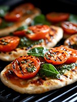Grilled flatbread topped with roasted cherry tomatoes, fresh basil leaves and herbs on black grill grates, macro food photography with selective focus.