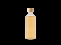 Clear glass bottle with wooden cap containing amber liquid, isolated on transparent background. Ready for cosmetics, skincare, essential oils, and wellness product design use.