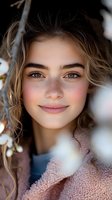 Young Caucasian woman with freckles and wavy blonde hair smiling naturally outdoors in soft winter light wearing cozy sweater for lifestyle photography.