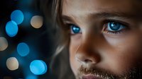 Close up portrait of young child with striking blue eyes against dark background with blue bokeh lights creating magical dreamy atmosphere.
