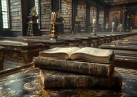 Antique leather-bound books stacked on ornate wooden table in historic library interior with brass candlesticks and brick walls, atmospheric lighting creates scholarly mood.