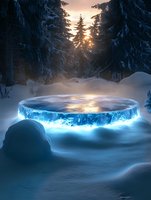 Glowing blue portal ring in snowy winter forest at sunset, mysterious light emanating from circular platform surrounded by snow-covered pine trees.