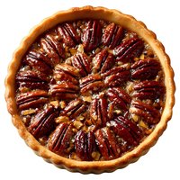 Homemade pecan pie with golden crust and glazed nuts arranged in circular pattern, isolated on white background for holiday baking and dessert designs.