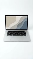 Silver laptop displaying abstract wavy layers in neutral tones on screen, front view on white background for web design and technology presentations.