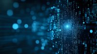 Digital matrix pattern with glowing blue binary code and bokeh light effects on dark background, representing data flow and cyber technology.