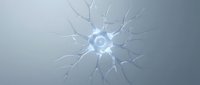 Glowing blue neural network node with branching connections radiating outward on neutral background, representing digital communication, technology, and data connectivity for web and tech design.