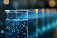 Glass with sparkling water and glowing constellation pattern against blurred bokeh background in blue and gold tones creates magical atmosphere.