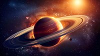 Majestic ringed planet illuminated by bright star in deep space, with cosmic dust and smaller moons visible against colorful nebula background, perfect for astronomy and science designs.