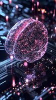 Glowing digital brain with circuit patterns floating above motherboard, illuminated by pink and blue lights with bokeh effect. Neural network concept for AI technology.