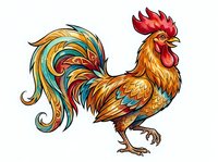 Colorful rooster with vibrant orange, red, and blue plumage isolated on white background, suitable for clipart, t-shirt designs, and print applications.