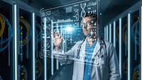 Male doctor interacting with futuristic holographic interface in modern data center server room for medical technology and healthcare innovation.