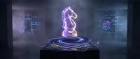 Glowing purple holographic chess knight piece floating above futuristic digital platform with data screens in dark tech environment for gaming concepts.