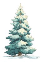 Snow-covered evergreen pine tree with teal-blue needles and white snow on branches, standing alone on snowy ground in watercolor style.
