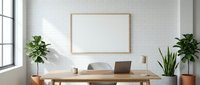 Modern minimalist home office workspace with blank frame mockup on white brick wall, wooden desk, laptop, and green plants for interior design presentations.