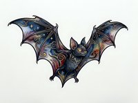 Ornate bat with decorative wings featuring intricate swirls and celestial patterns in dark blue, gold, and copper tones. Isolated on white background, ready for design projects, merchandise, and creative applications.