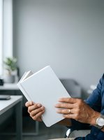 Adult male with medium skin tone wearing blue shirt holding open blank white book in modern office workspace with natural light.